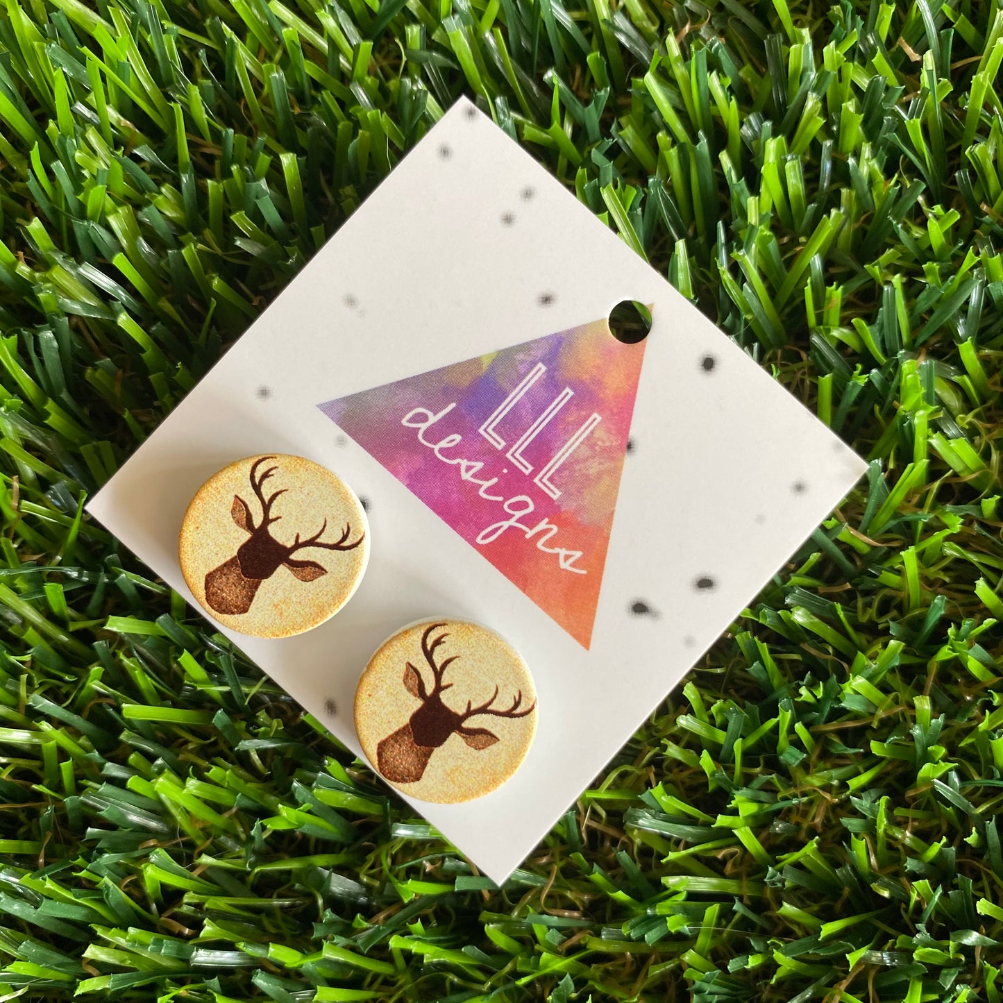 Stag Head - Deer Head Printed Timber Stud Earrings.