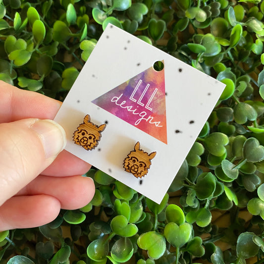 Llama Earrings. Fun and Quirky Bamboo Llama Face Stud Earrings.