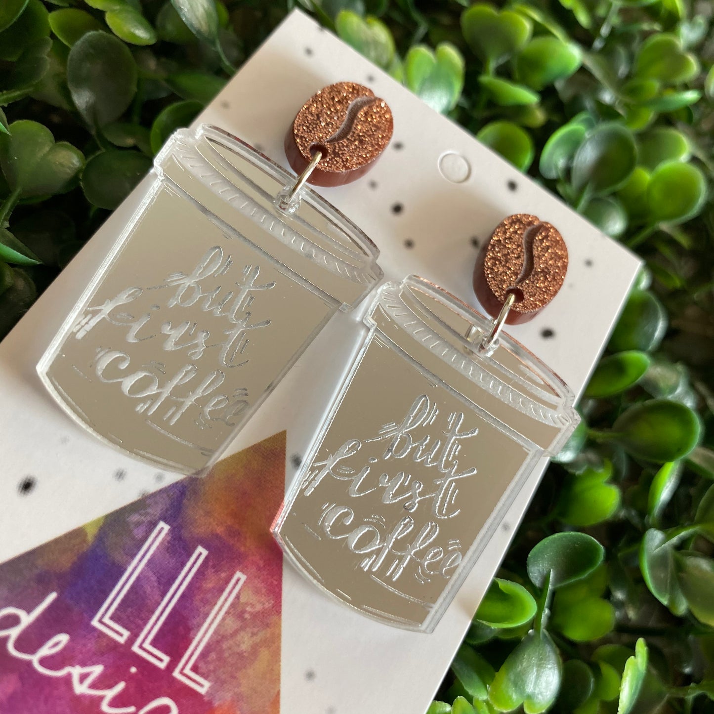 But First Coffee Statement Dangle Earrings Featuring Copper Glitter Coffee Bean Tops to make them POP!