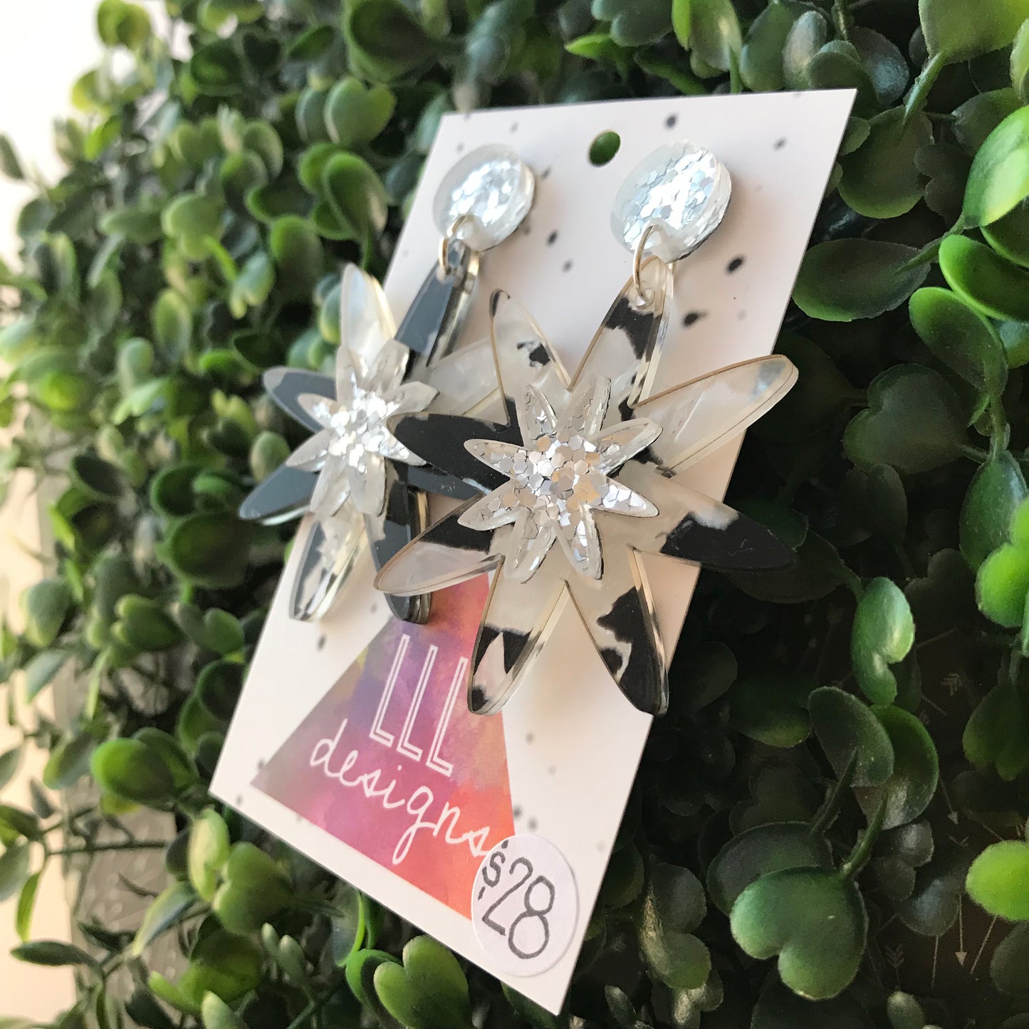Metallic Silver Flower Burst Dangle Earrings - ArtDeco Inspired Earrings.
