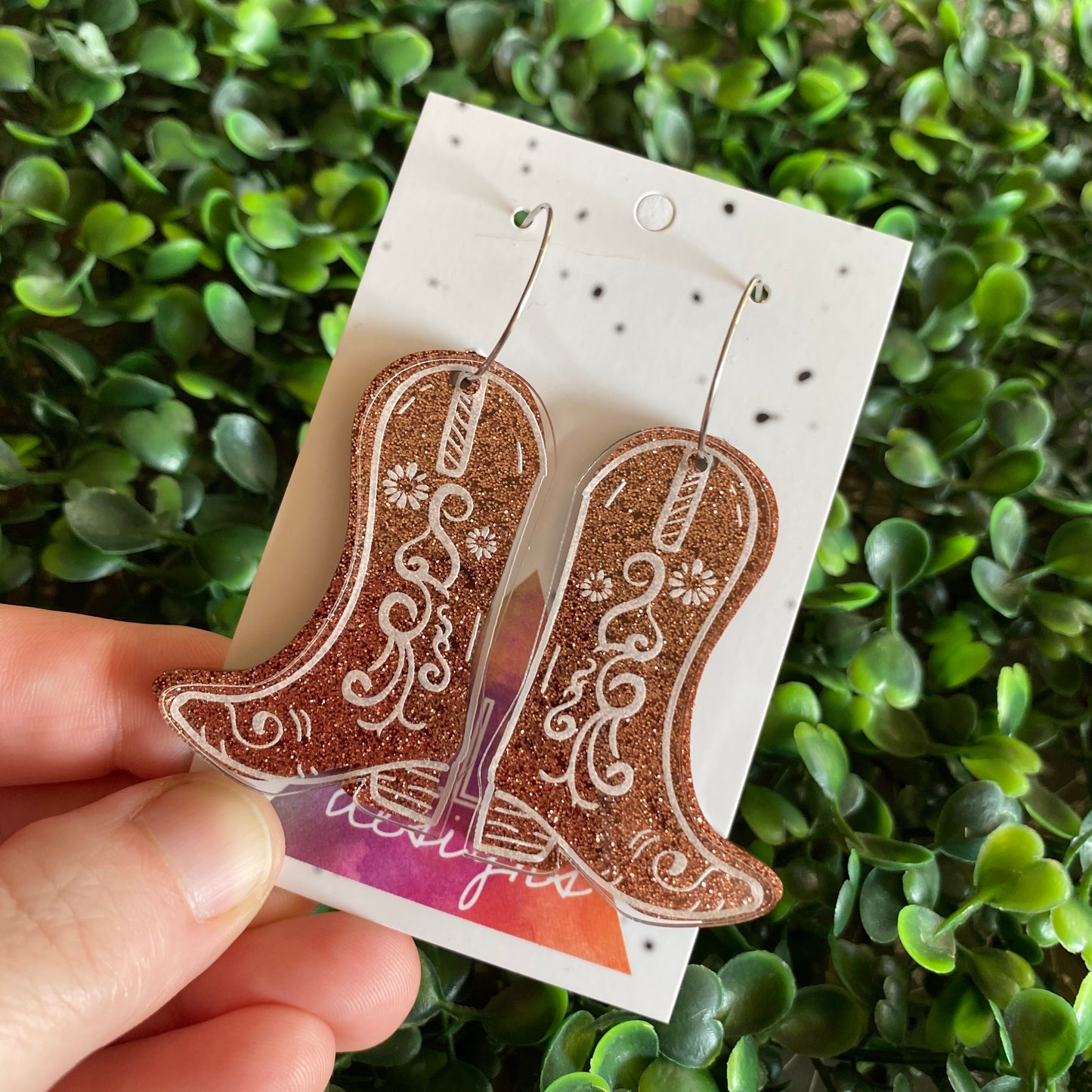 Cowboy Boot Earrings. Acrylic Cowboy Boot Statement Hoop Earrings. Featuring a Reversible Brown to Copper Glitter Piece.