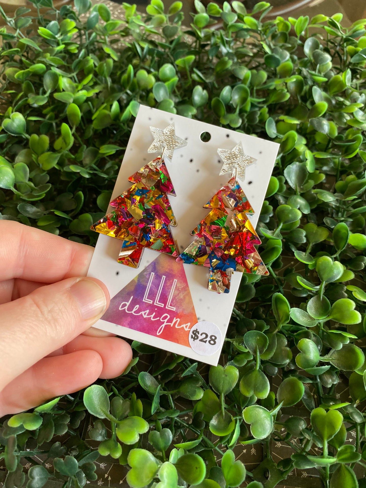 Rainbow Metallic Glitz Christmas Tree Statement Dangle Earrings with Silver Glitz Star Tops. #festiveaf