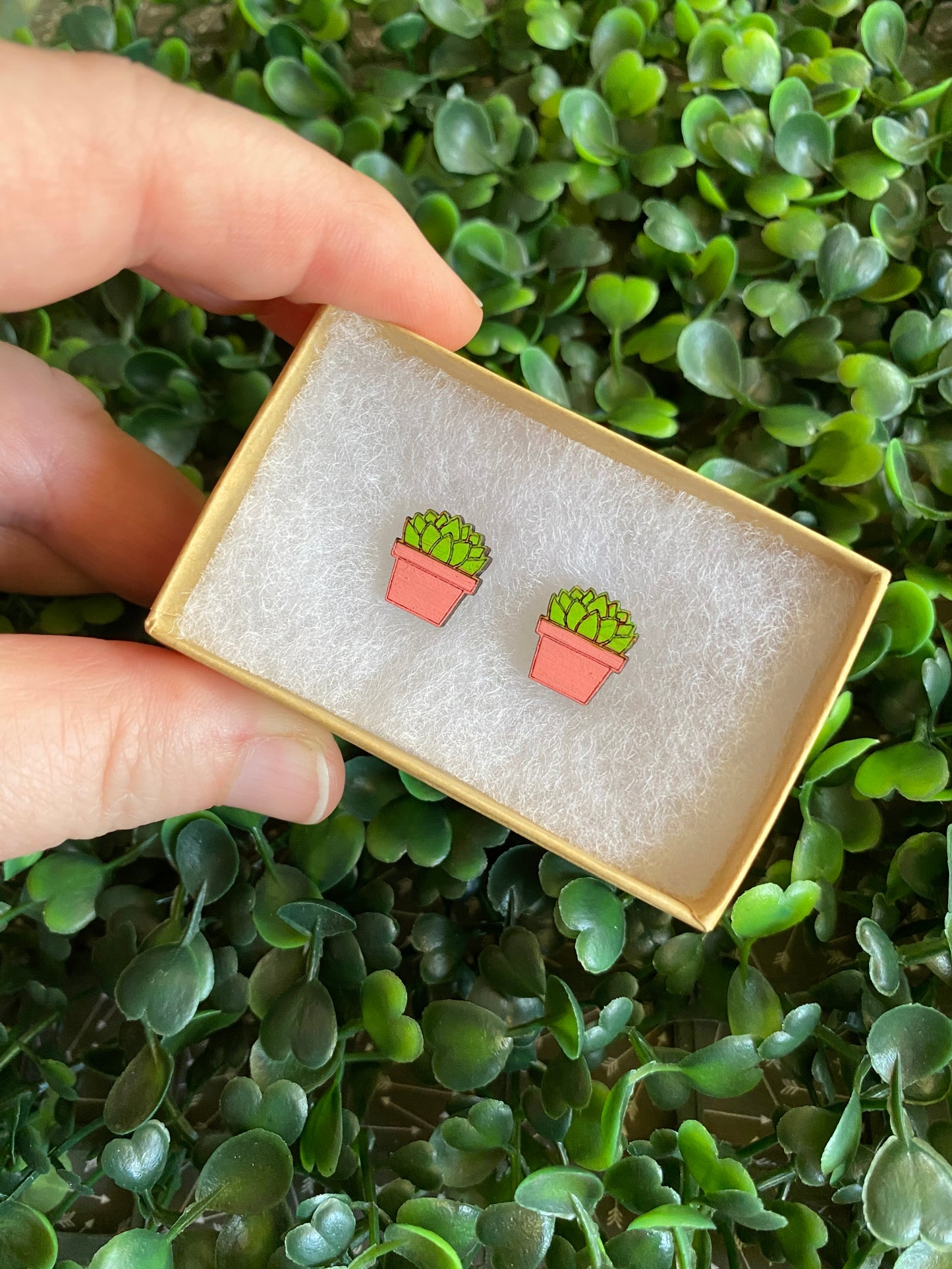Succulent Earrings - Detailed Hand Painted Bamboo Earrings - Packaged in Recycled Branded Cardboard Gift Box - Available in 3 Stunning Colours.