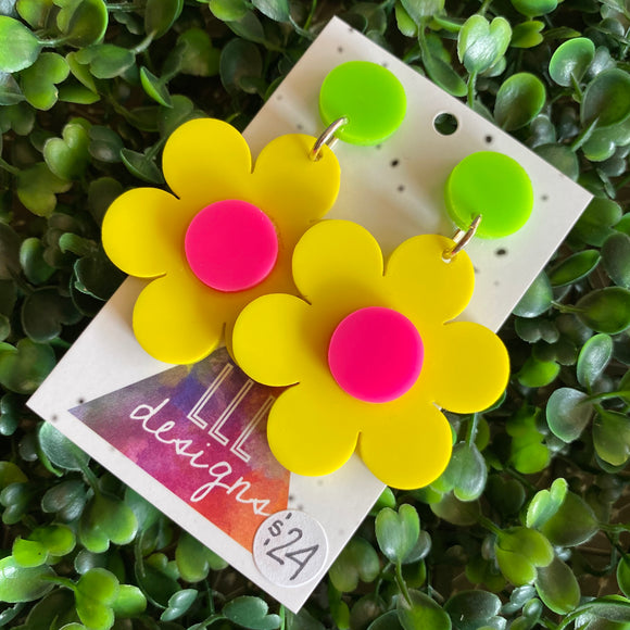 Flower Earrings - Flower Power Statement Dangle Earrings. Fabulous Yellow and Pink Flowers with Green Tops.