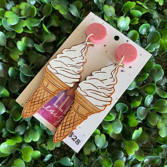 Ice Cream Earrings. Hand Painted Timber - Soft Serve Ice Cream - Statement Dangle Earrings. Featuring Pink Glitter Tops.