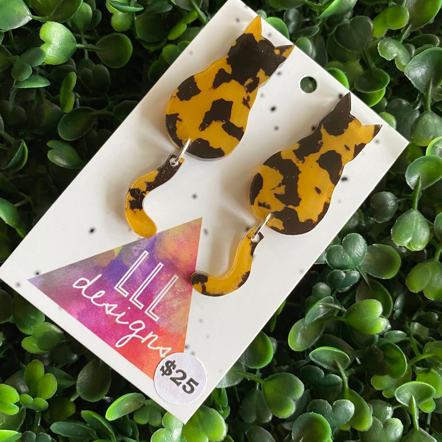 Tortoise Shell Cat Earrings - Sitting Pretty Kitty Earrings with Dangle Tails (large)