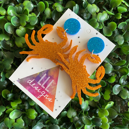 Crab Earrings. Glitter Orange Crab Statement Dangle Earrings.