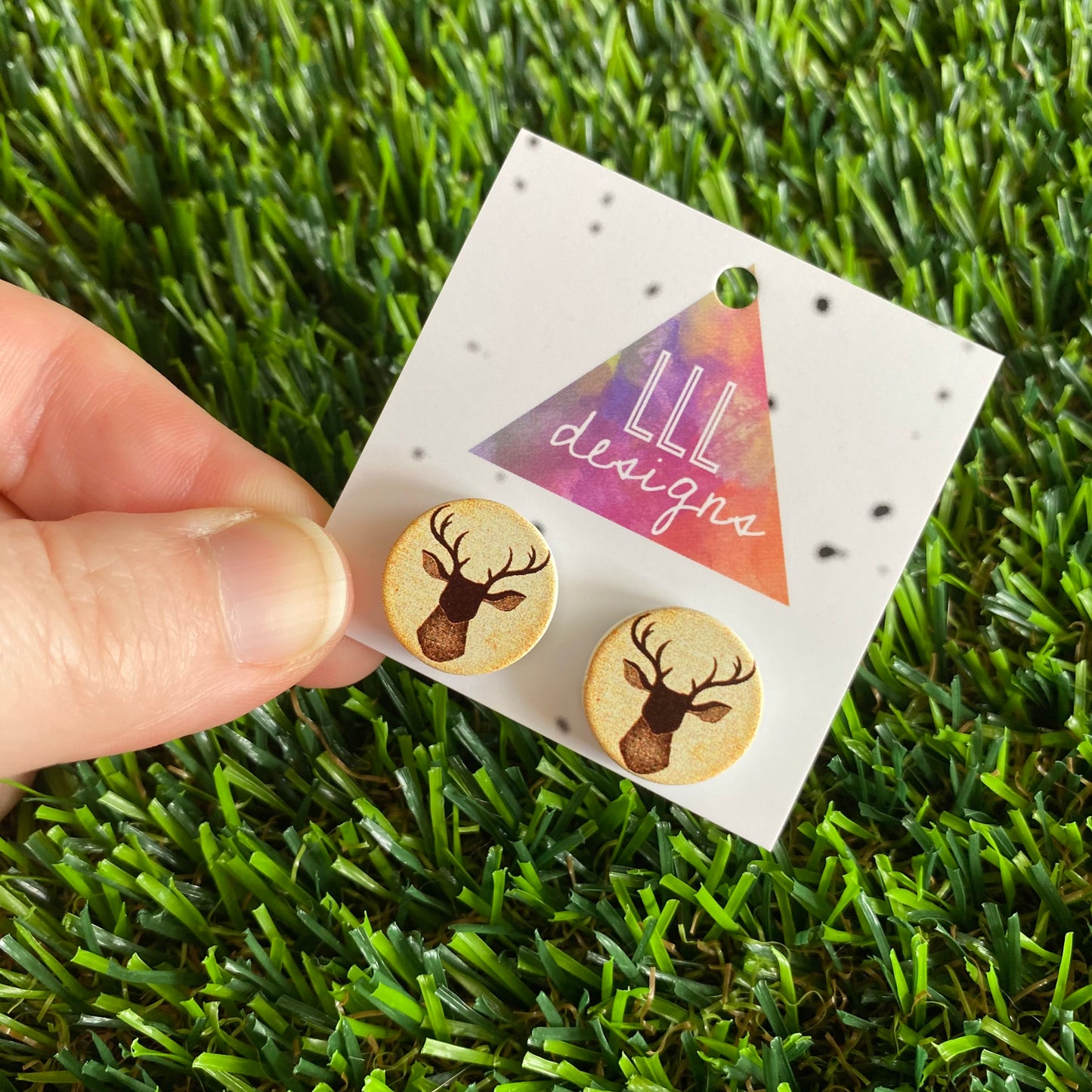 Stag Head - Deer Head Printed Timber Stud Earrings.