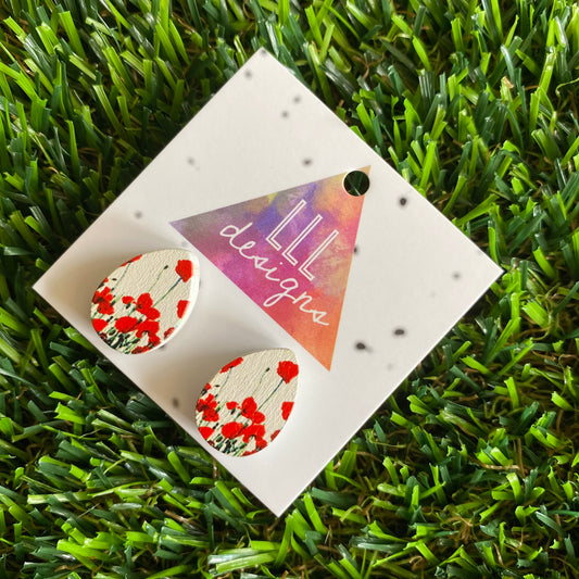 Red Poppy Field - Printed Tear Drop Timber Stud Earrings.