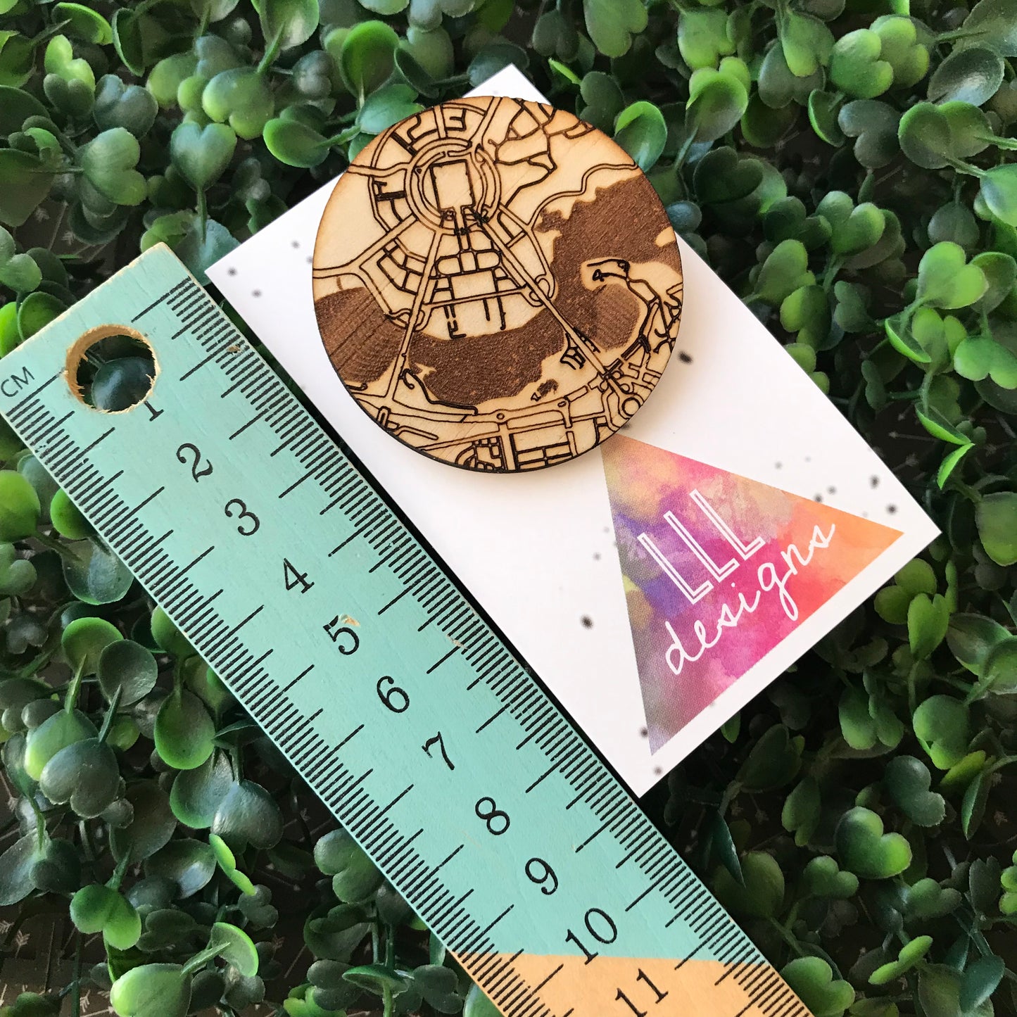 Centre of Canberra Etched Timber Brooch. ACT Australia