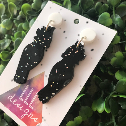 Glitter Black Cockatoo Statement Dangle Earrings. (med) Australian Earrings. Australian Animal. Quirky Earrings. Galaxy Glitter Earrings.