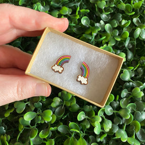 Rainbow Earrings. Itty Bitty Hand Painted Bamboo Rainbow and Cloud Stud Earrings. Made with love in the LLL Studio :) (Cute Colour Way)