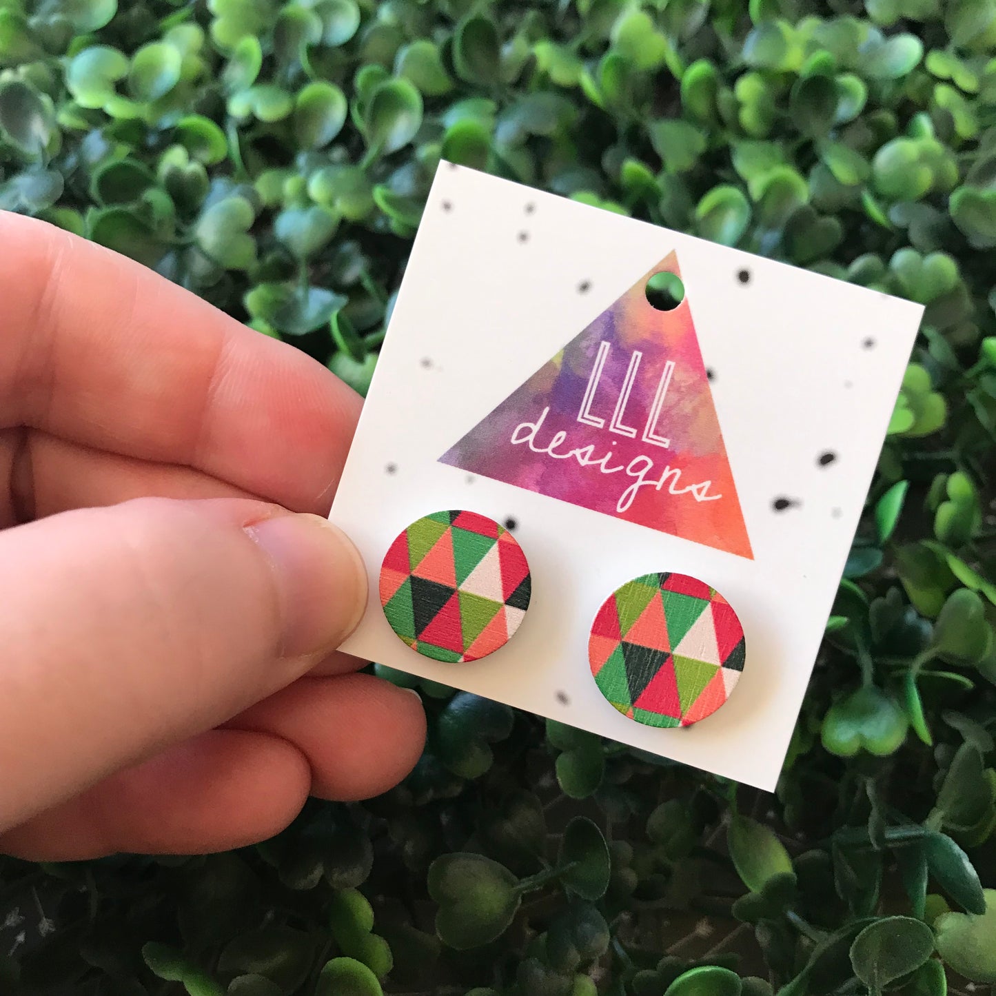 Multi Coloured Geometric Printed Timber Stud Earrings.