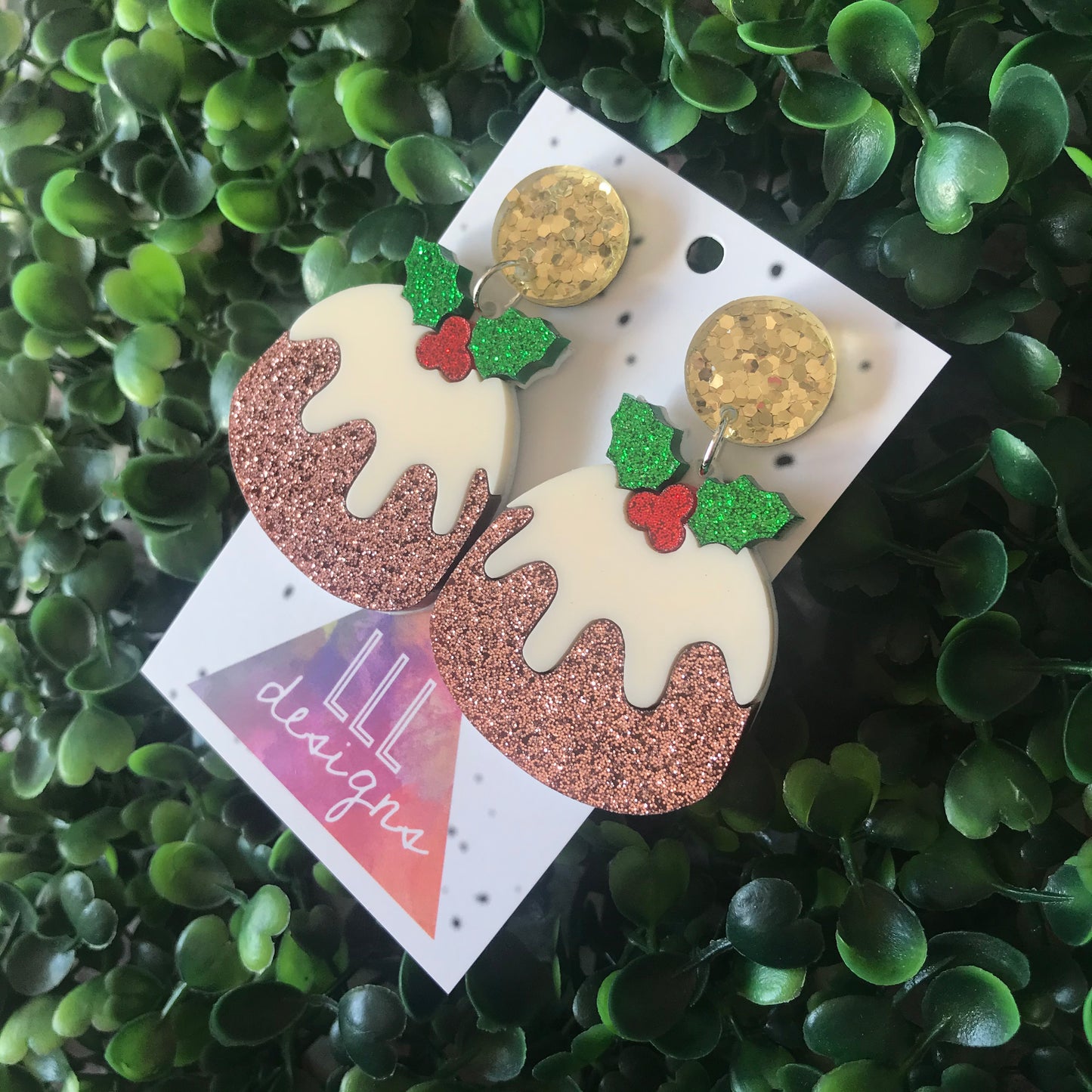 Christmas Pudding Dangle Earrings - Featuring Dazzling Metallic Gold Tops.
