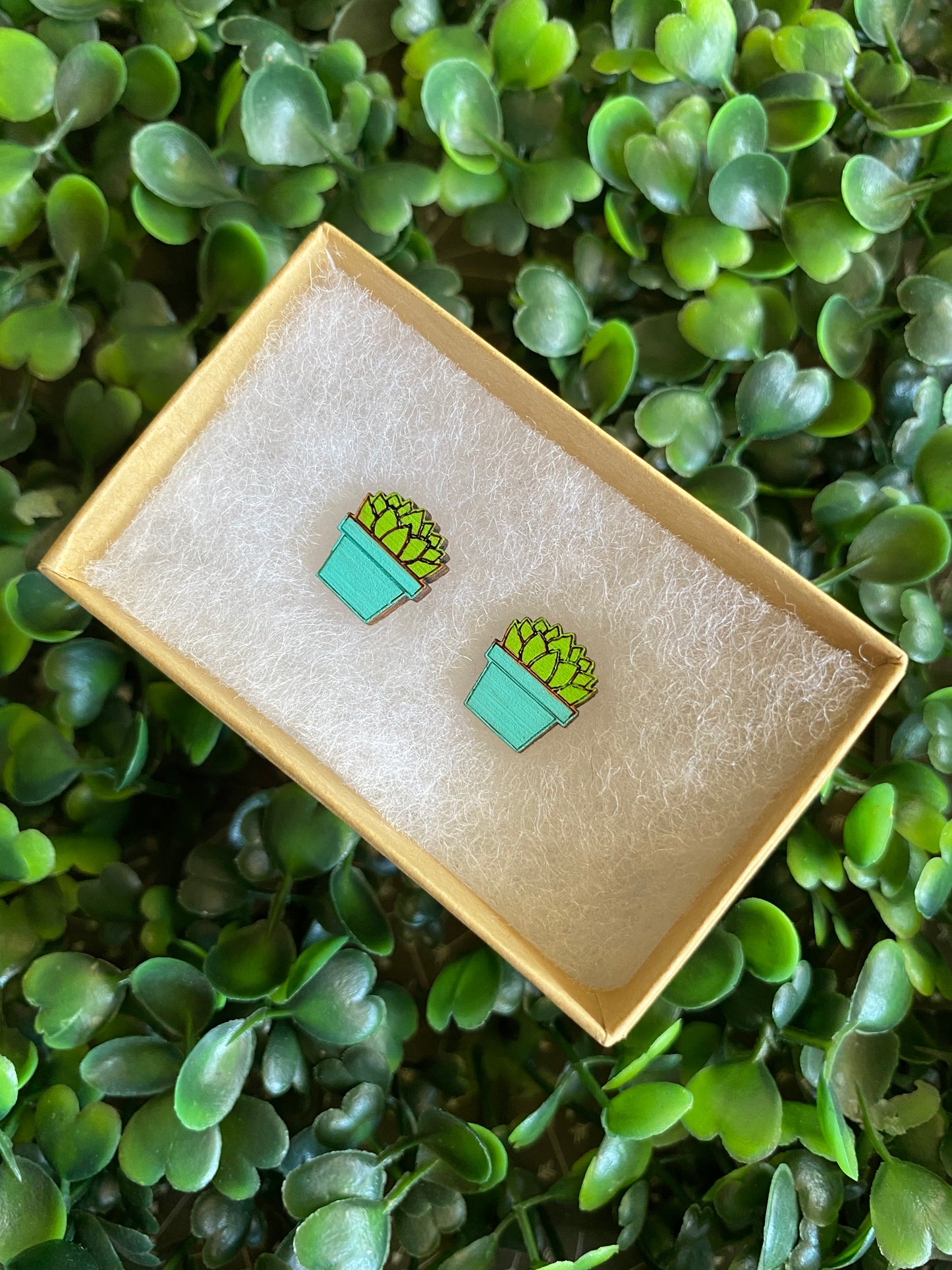 Succulent Earrings - Detailed Hand Painted Bamboo Earrings - Packaged in Recycled Branded Cardboard Gift Box - Available in 3 Stunning Colours.