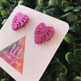 Glitter Pink Monstera Studs - Liven up your lobes!