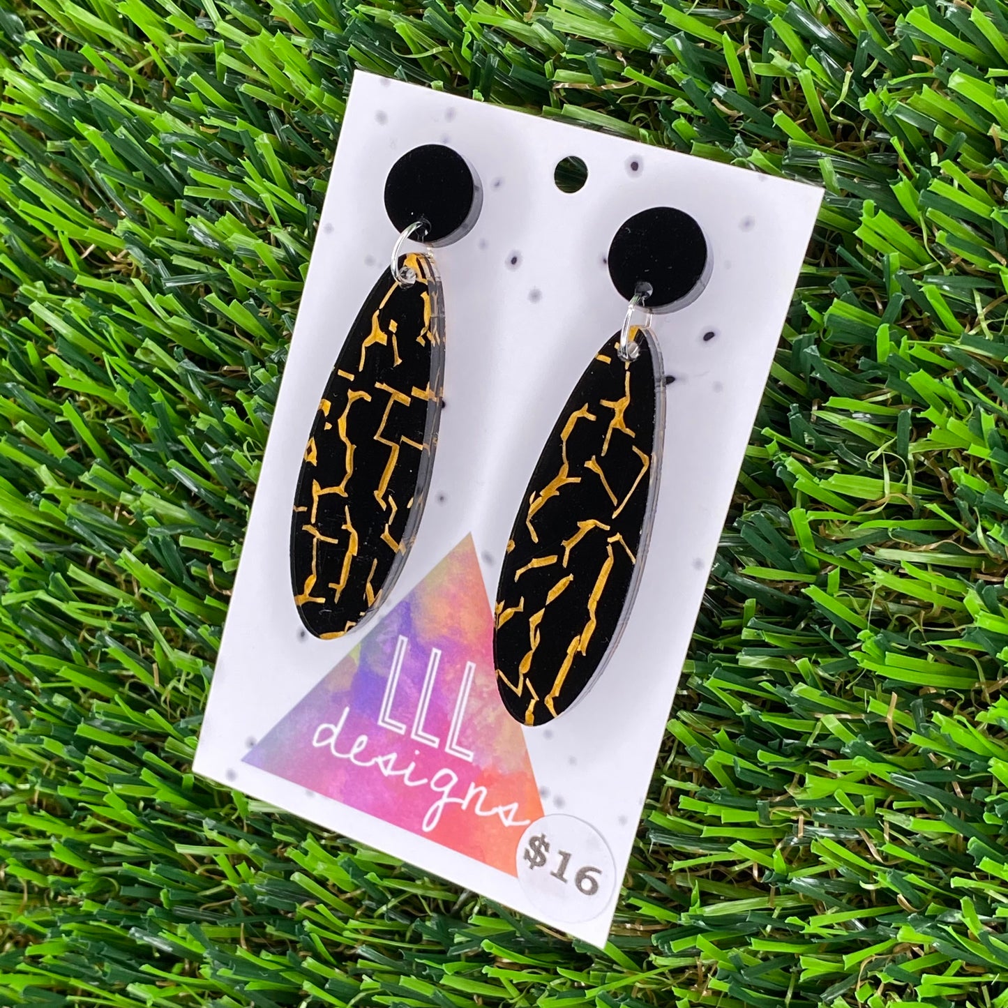 Black and Gold Crackle Oval Dangle Earrings