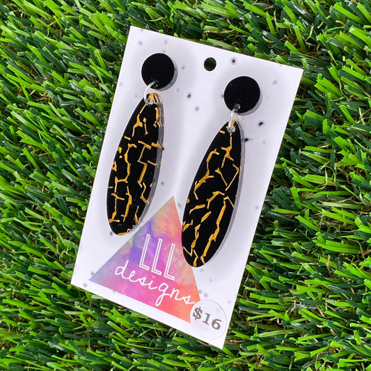 Black and Gold Crackle Oval Dangle Earrings