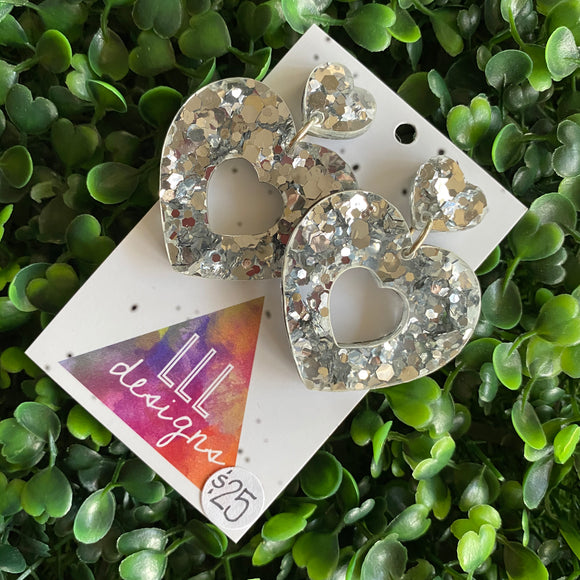 Silver Confetti Love Heart Dangle Earrings. All Kinds of Sparkle & Magical Love!