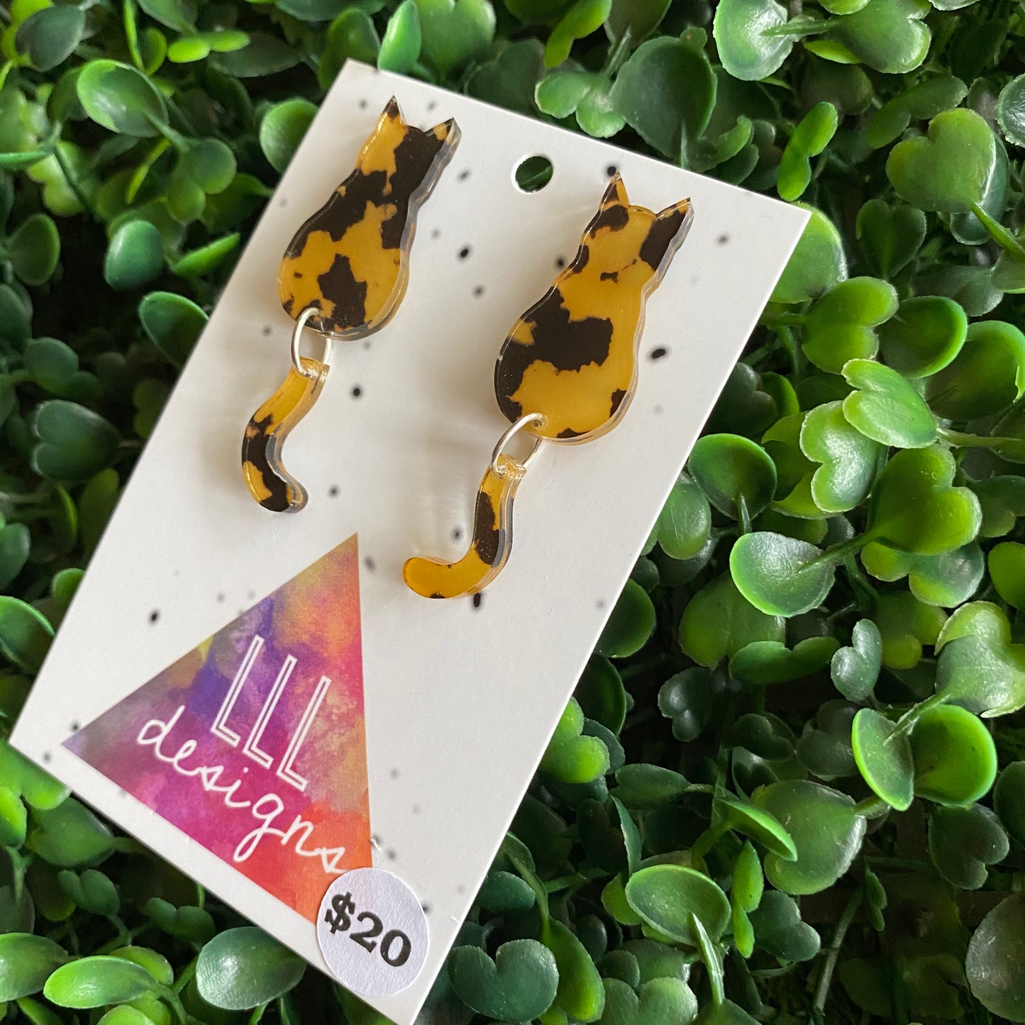 Tortoise Shell Cat Earrings - Sitting Pretty Kitty Earrings with Dangle Tails (small)