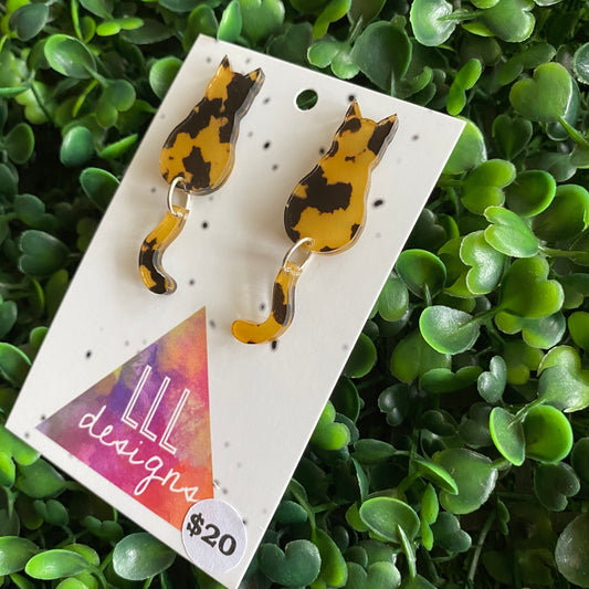 Tortoise Shell Cat Earrings - Sitting Pretty Kitty Earrings with Dangle Tails (small)