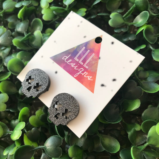 Skull Stud Earrings - Black Glitter Acrylic Earrings.