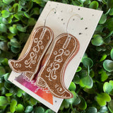 Cowboy Boot Earrings. Acrylic Cowboy Boot Statement Hoop Earrings. Featuring a Reversible Brown to Copper Glitter Piece.