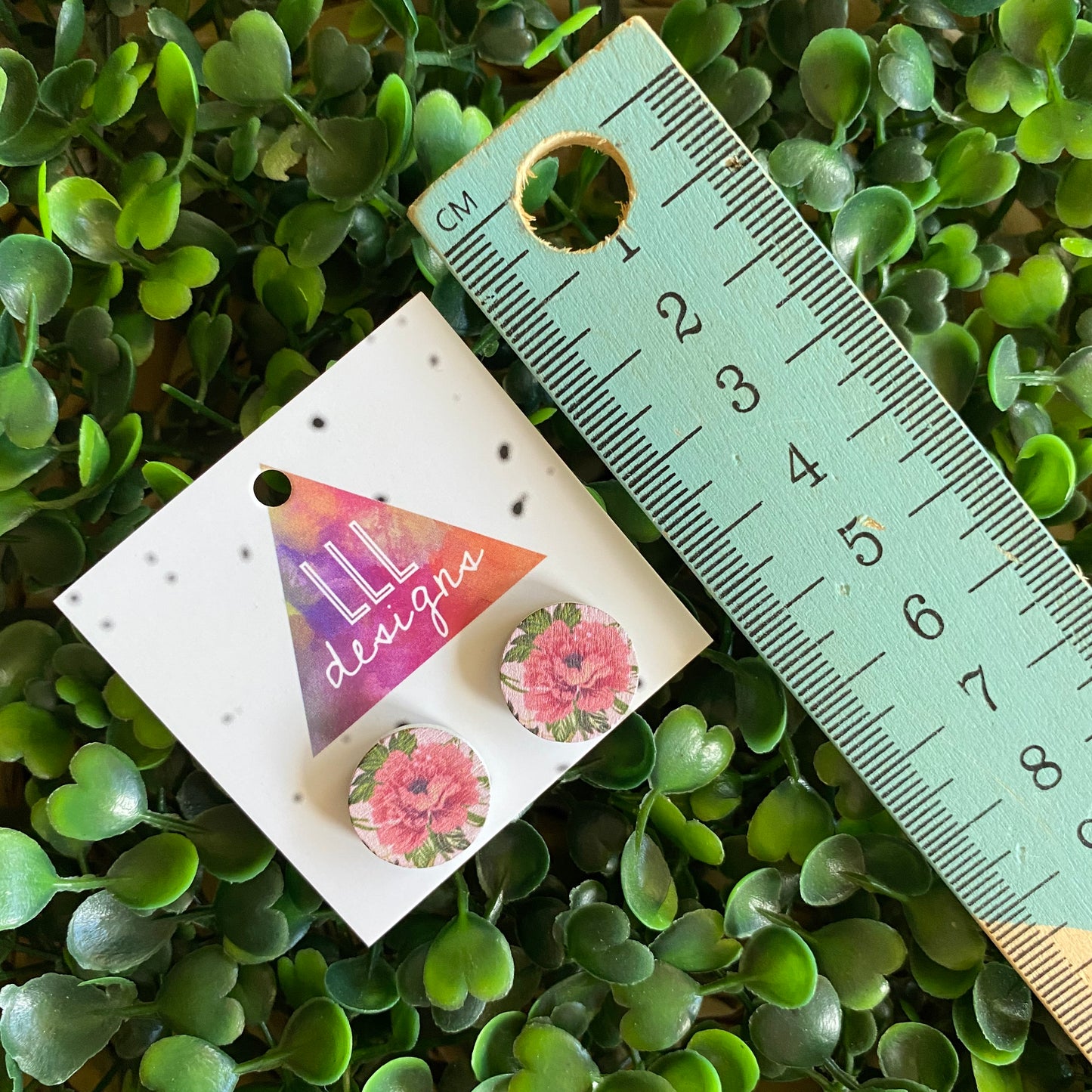 Pink Floral Printed Timber Stud Earrings.