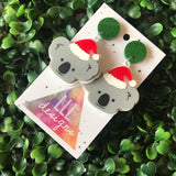Australian Christmas Koala Dangle Earrings - Detailed Layered Acrylic Koala Santa Dangle Earrings.