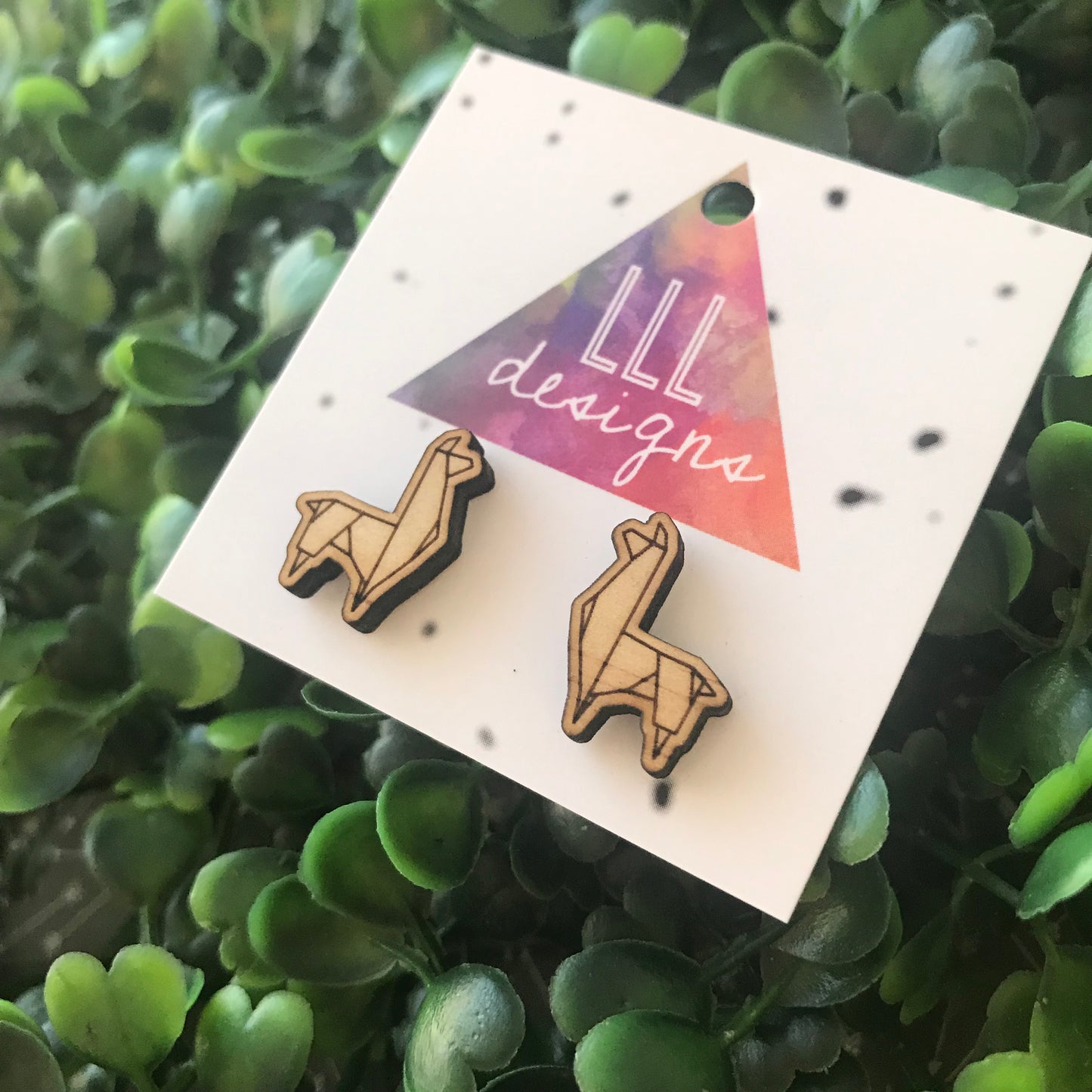 Laser Etched Timber Geometric Llama Stud Earrings.