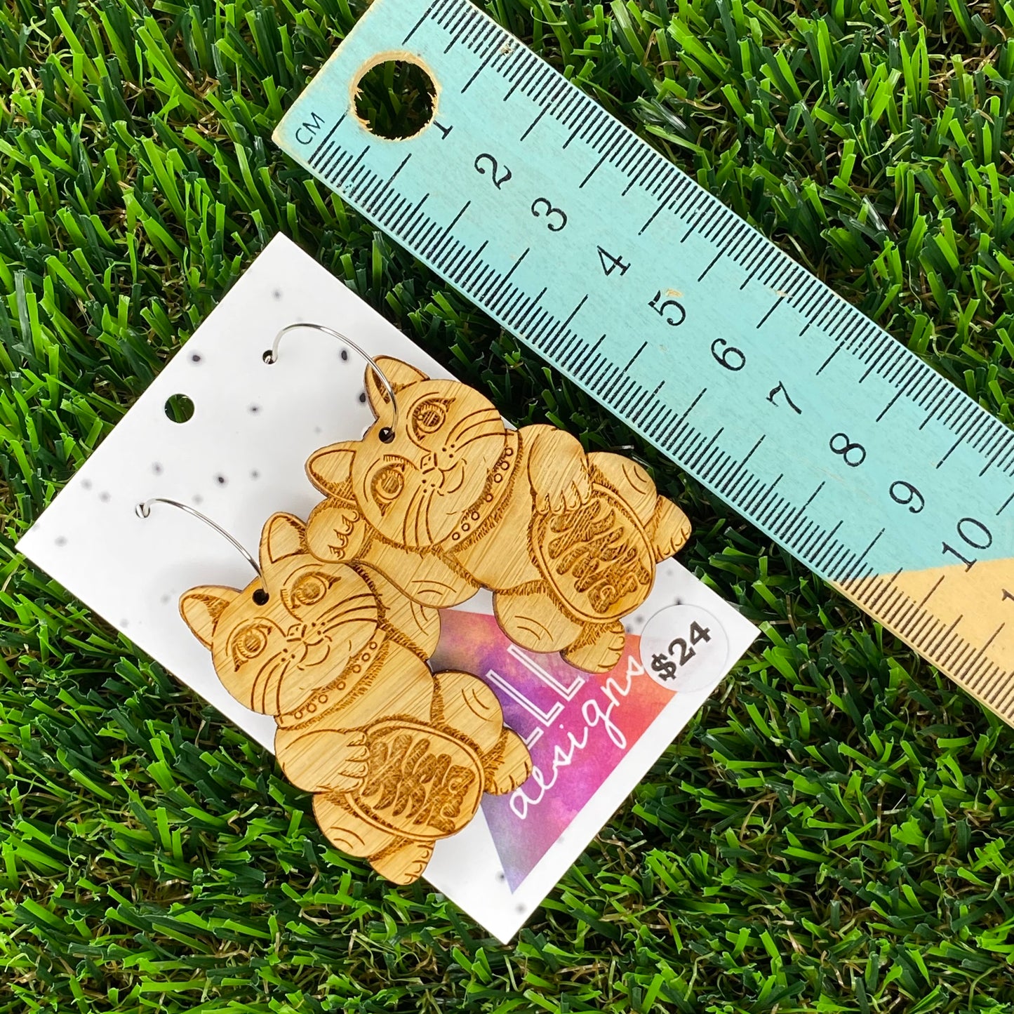 Lucky Cat Hoop Dangle Earrings - Bamboo Laser Etched and Cut Earrings.