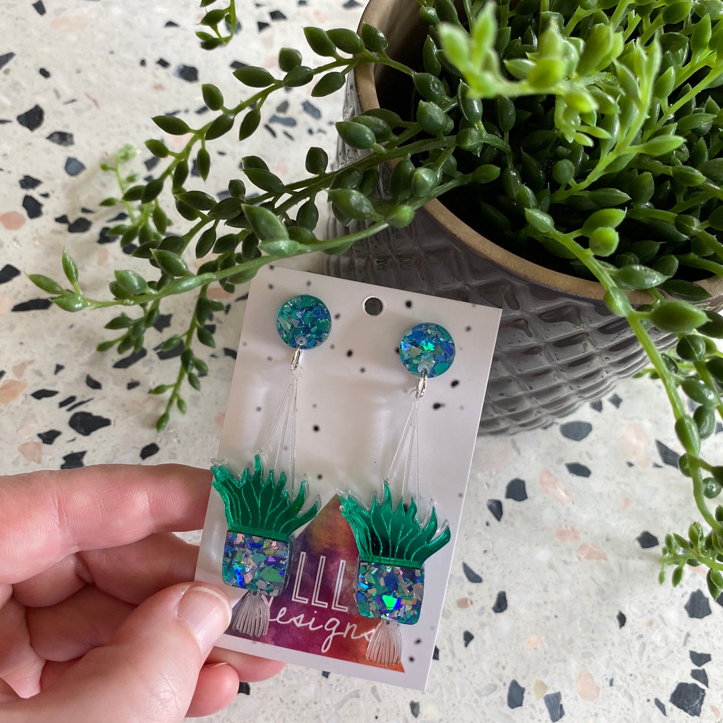 Hanging Planter Dangle Earrings. Featuring Stunning Blue and Silver Holographic Planters along with matching circular tops.