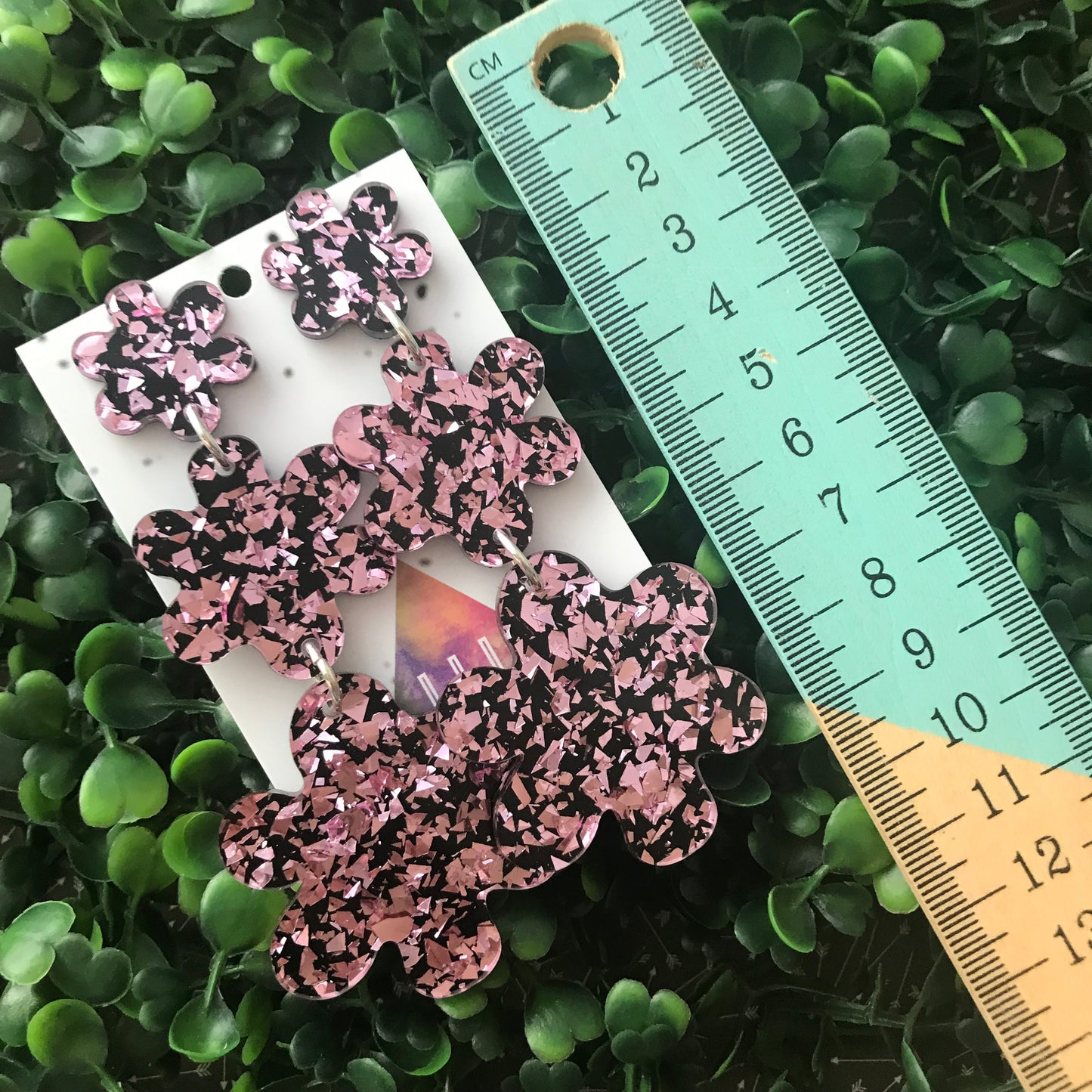 Shatter Pink and Black Flower Triple Drop Earrings.