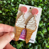 Ice Cream Earrings. Hand Painted Timber - Soft Serve Ice Cream - Statement Dangle Earrings. Featuring Pink Glitter Tops.