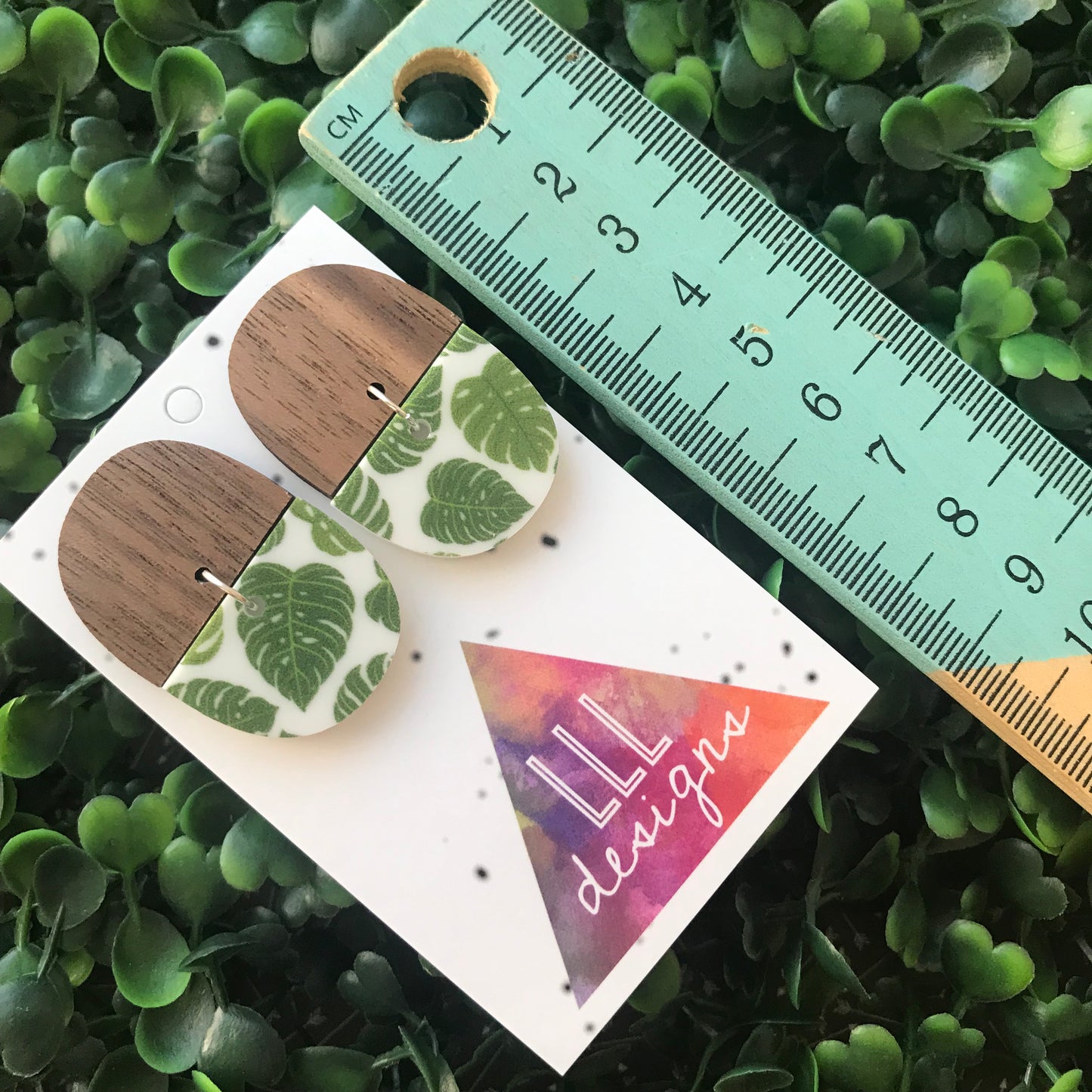 Walnut and Monstera Dangle Earrings. Timber and Acrylic Earrings.