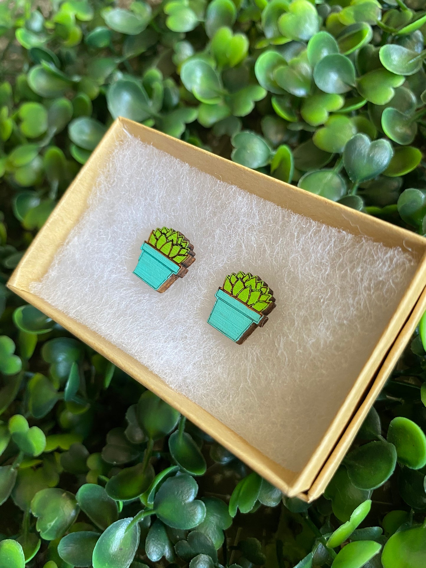 Succulent Earrings - Detailed Hand Painted Bamboo Earrings - Packaged in Recycled Branded Cardboard Gift Box - Available in 3 Stunning Colours.