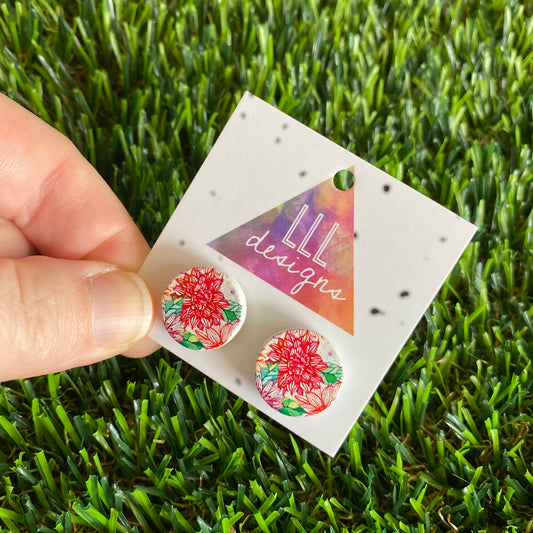 Sketched Red Floral Printed Timber Stud Earrings.