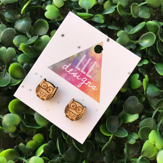 Super Cute Laser Etched Timber Owl Stud Earrings.