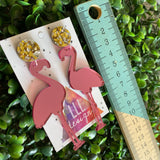 Glamour Flamingo Statement Dangle Earrings. Finished with Silver and Gold Glitz Confetti Tops.