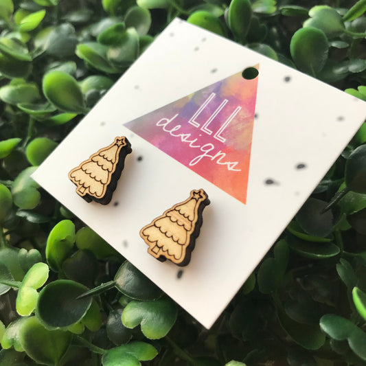 Christmas Tree Stud Earrings. Timber Etched Earrings.