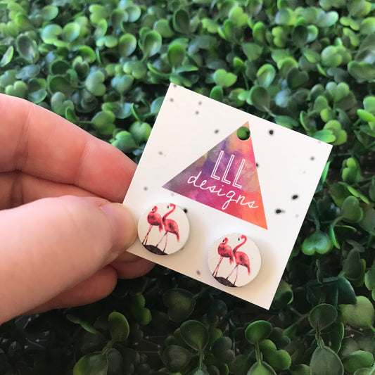 Flamingo Duo Printed Timber Stud Earrings.