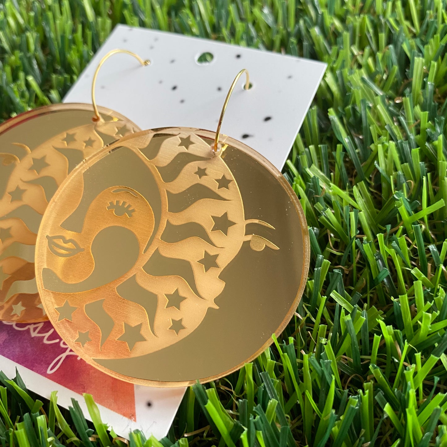 Goddess - Stunning Gold Mirror Sun and Moon Statement Hoop Dangle Earrings