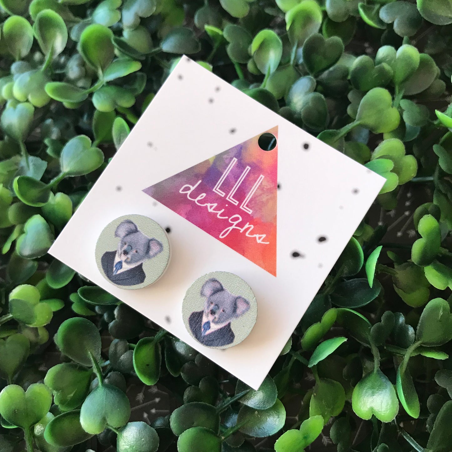 Quirky Koala Printed Timber Stud Earrings.