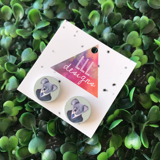 Quirky Koala Printed Timber Stud Earrings.