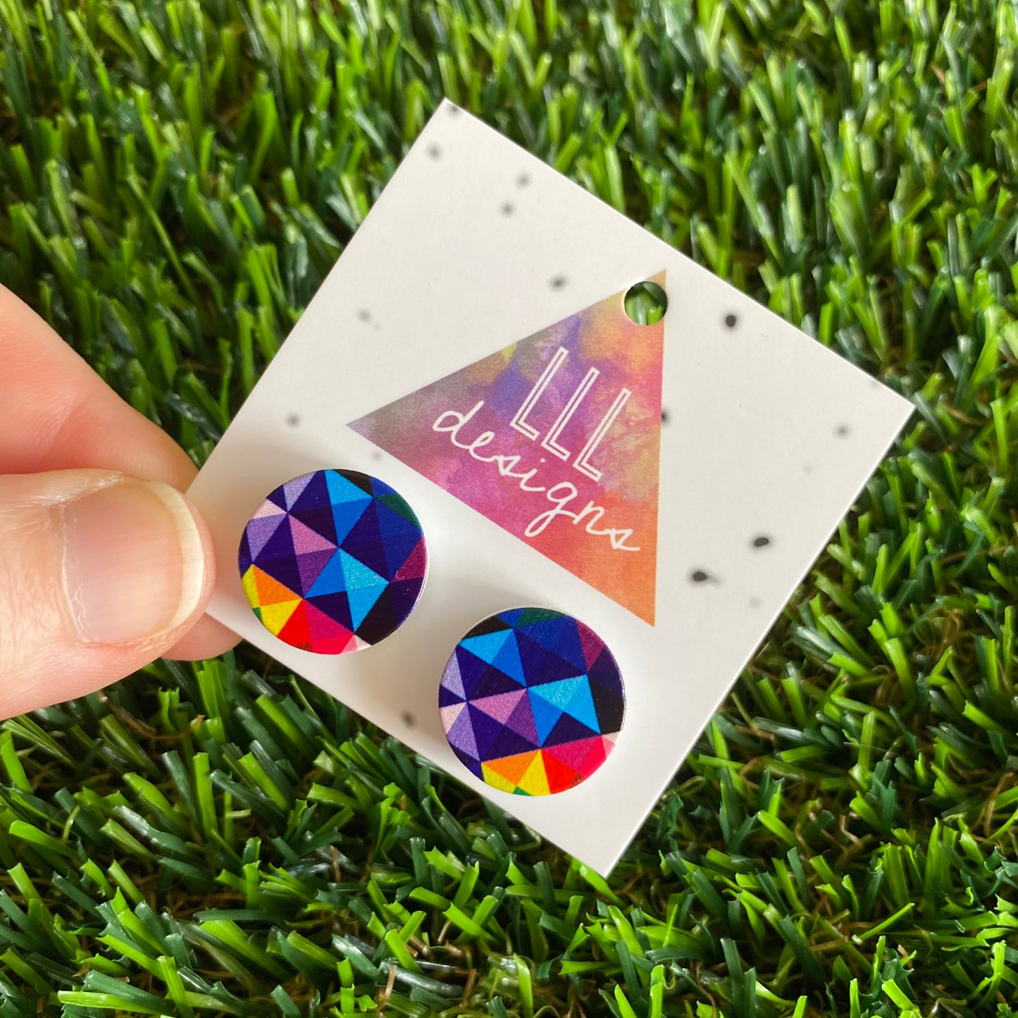 A Rainbow of Colour in these Geometric Printed Timber Stud Earrings.