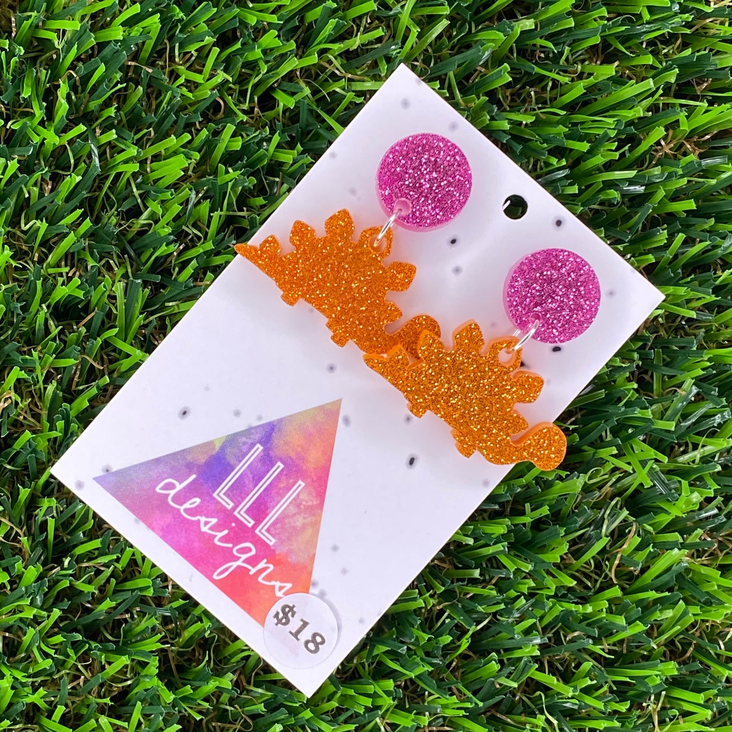 Stegosaurus Dinosaur Dangle Earrings in Glitter Orange Acrylic