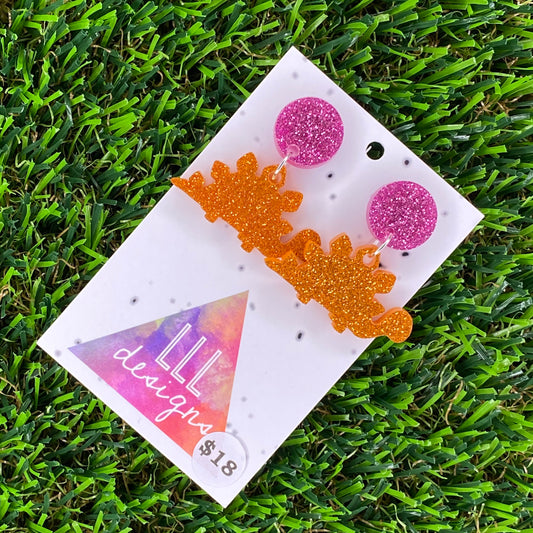 Stegosaurus Dinosaur Dangle Earrings in Glitter Orange Acrylic