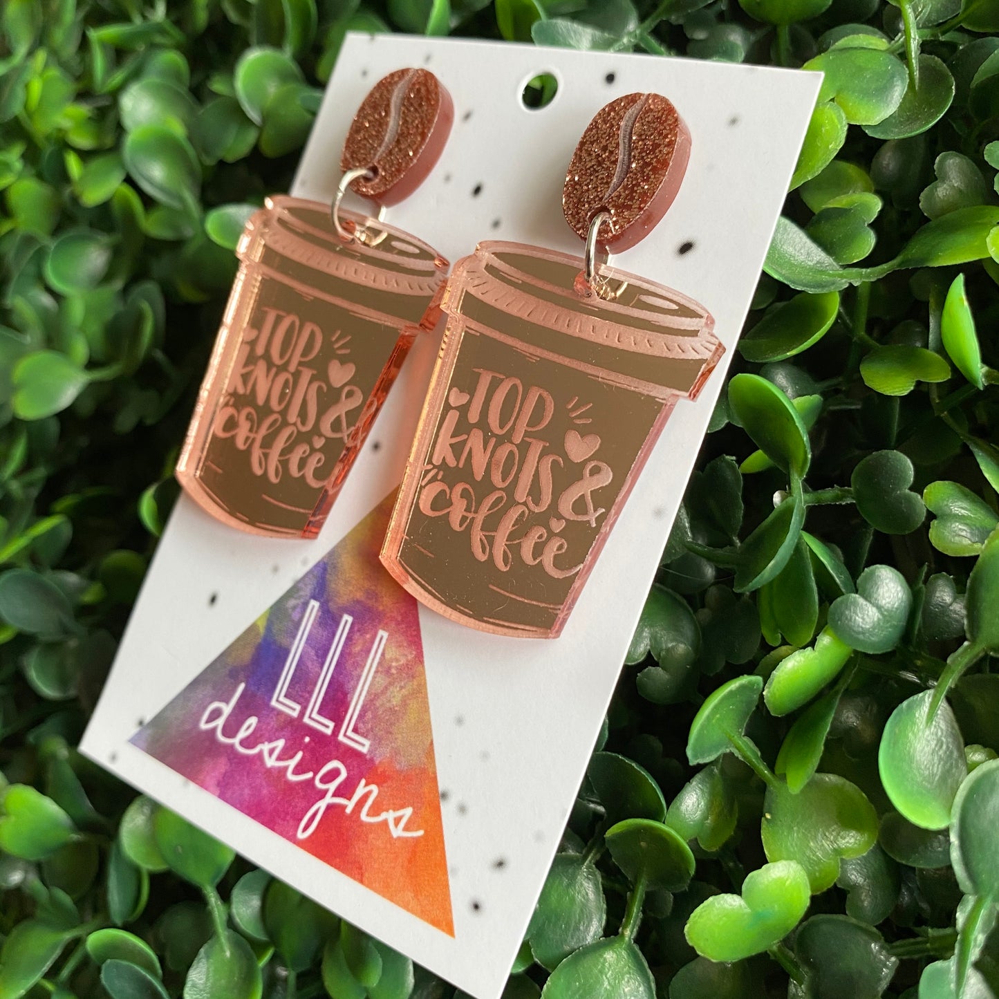 Top Knots & Coffee Statement Dangle Earrings Featuring Copper Glitter Coffee Bean Tops to make them POP!