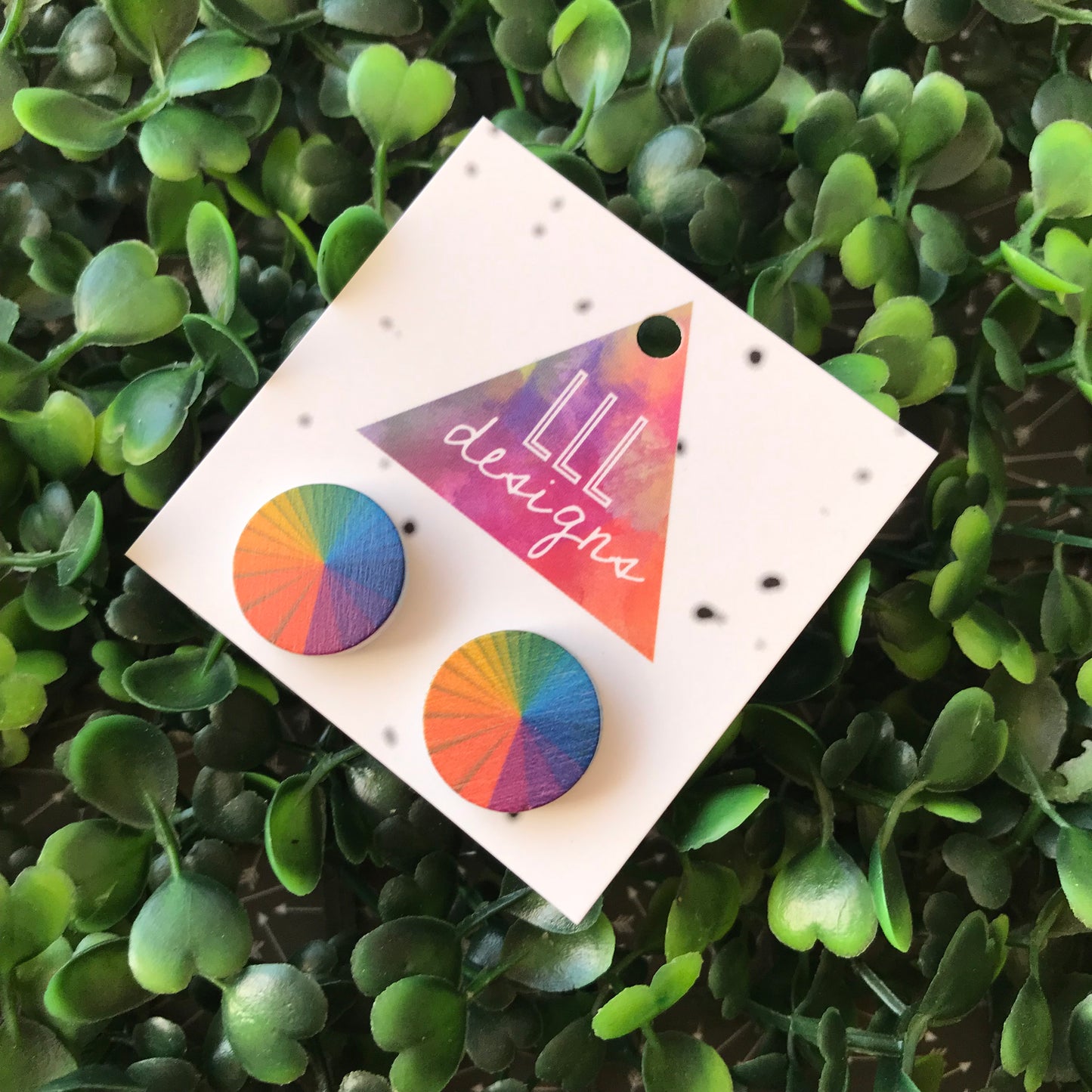 Rainbow Colour Wheel Printed Timber Stud Earrings.