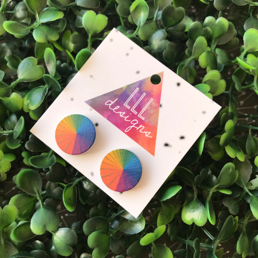 Rainbow Colour Wheel Printed Timber Stud Earrings.